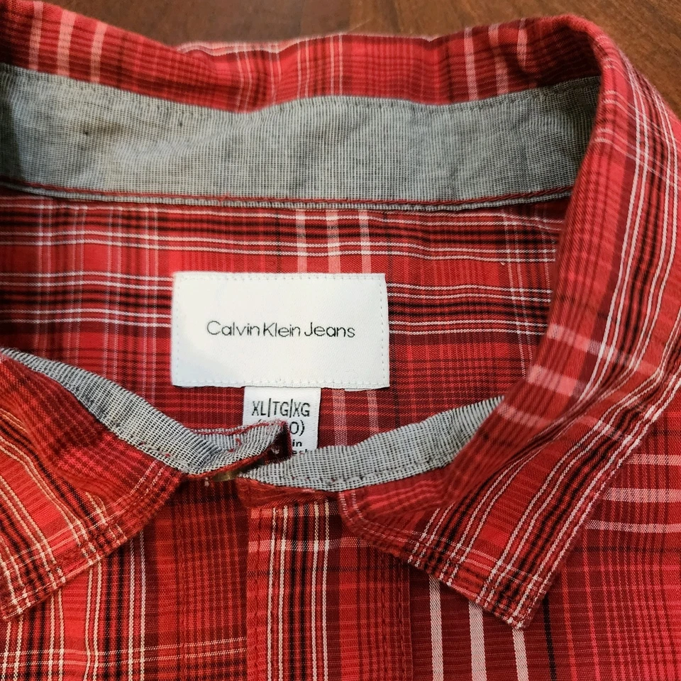 Calvin Klein Talla XL Niños Botones Manga Larga Rojo Cuadros Foto 3 de 4