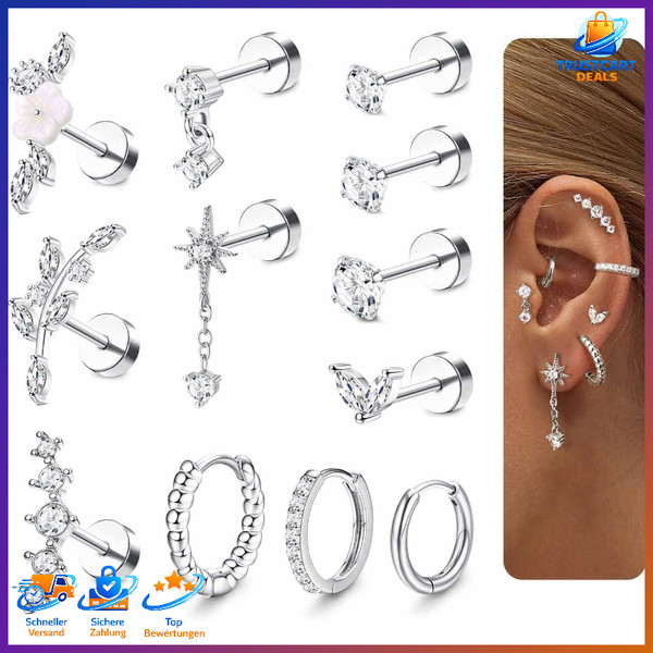 Helix Piercing Set 12Pcs Chirurgenstahl Cz Blume Ohrstecker Gold Silber Damen-image
