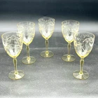 5 Vtg Atq Topaz Yellow Crystal Flower Etched Water Wine Glasses Stemmed 7.75"