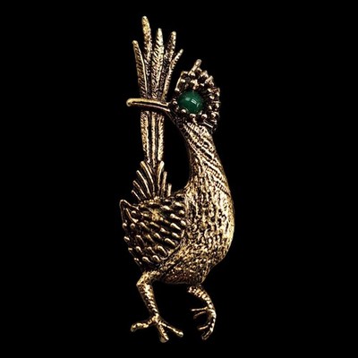 Vtg Ambassador Southwestern Roadrunner Brooch Green Cab Rhinestone Gold Tone Pin