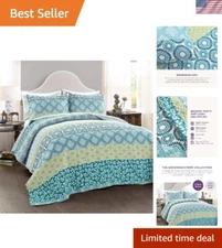 Bohemian Stripe Reversible Cotton Quilt Set, 3 Piece Set, King, Blue & Green ...
