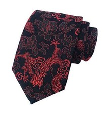 Men's Novelty Silk Tie Dragon Peony Embroidery Woven One Size Black Red
