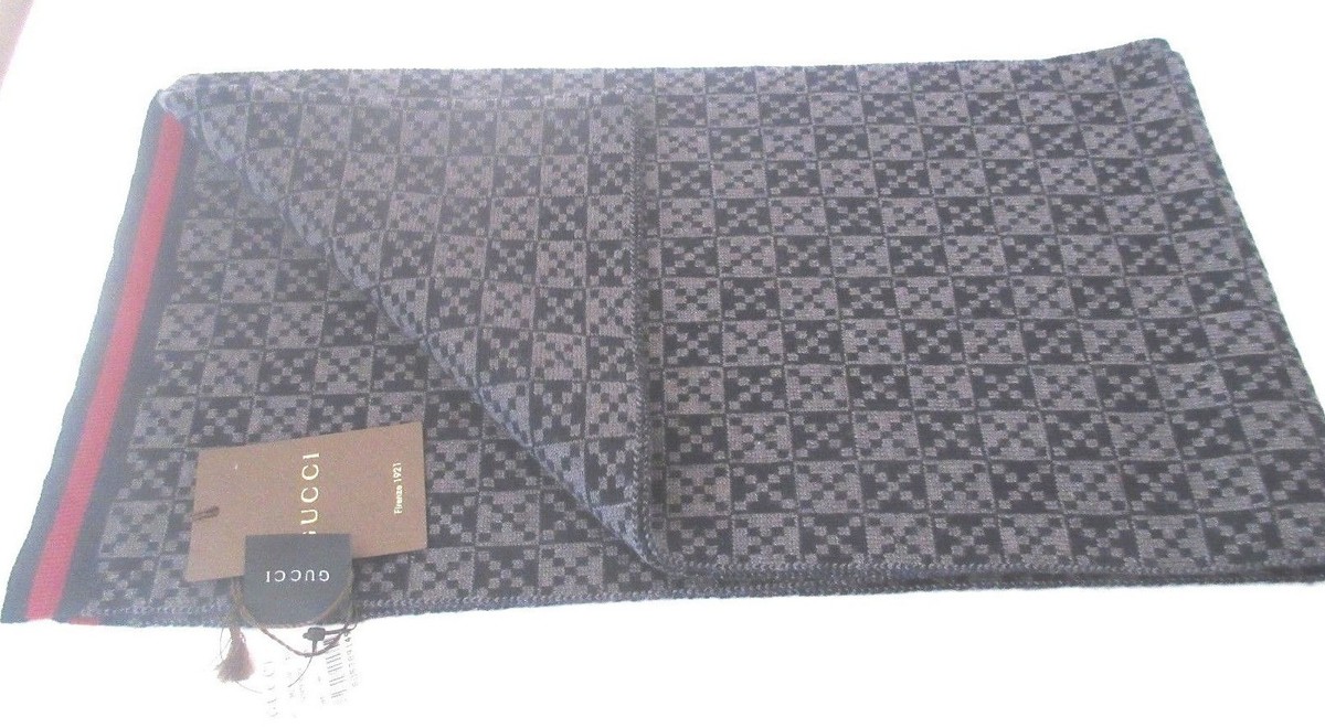 GUCCI SCARF 347979 100% WOOL DIAMANTE GREY BLUE RED STRIPE SCARF