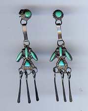 VINTAGE ZUNI INDIAN STERLING SILVER TURQUOISE PIERCED DANGLE EARRINGS