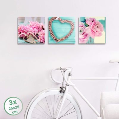 Tris Di Quadri Shabby Chic L&C ITALIA: 3 Tele 25x25 Cm Con Fiori, Stampa Opaca, Telaio In Legno 2 Cm, Made In Italy, Per Soggiorno E Camera Da Letto