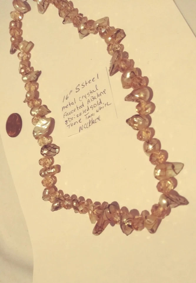 S.Steel blanco, bronceado dorado llovizna abulón, grifo cristal cuentas collar 16" Foto 4 de 4