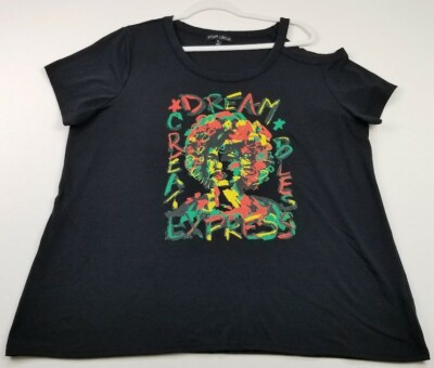 Inner Circle T Shirt Womens XL Artsy Words Create Cold Shoulder Short Sleeve Tee