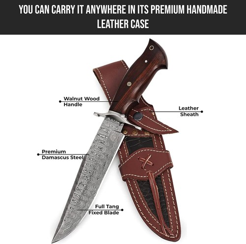 Durable Damascus Hunting Knife with Compound Bevel Blade & Leather Sheath - Picture 7 of 10