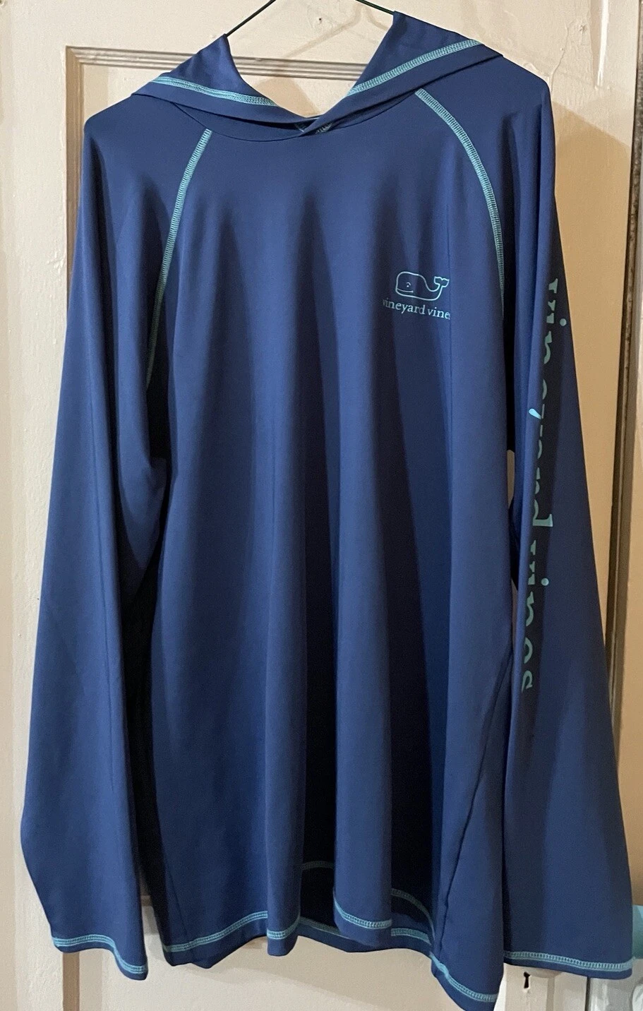 Vineyard Vines Mens Performance Lightweight Hoodie, Blue W/ Teal Stitch-MED