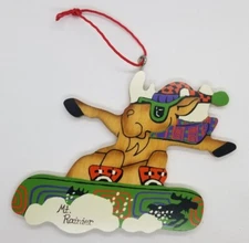 Vintage Mt Rainier Snowboarding Moose Wood Ornament - Paws N Claus Handmade USA