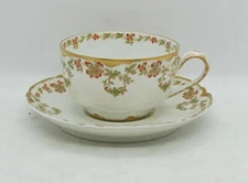 Haviland Tea Cup & Saucer - Red/Green Flowers Schleiger 708