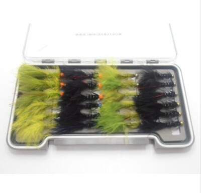 24 Boxed BARBLESS Hothead and Goldhead Flash Damsels, Damsel Trout Flies DIY43