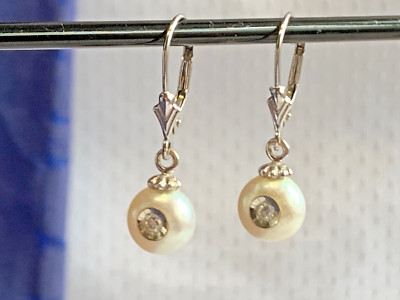 14K Weißgold Diamant & Perlen Ohrringe 2,51g feiner Schmuck Tropfen Leverback *LESEN*