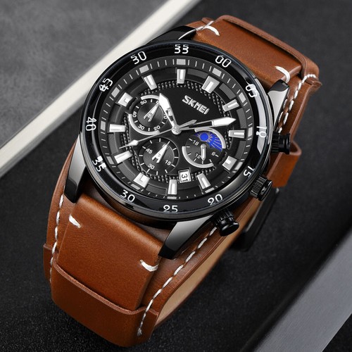 Skmei Leather Band Mens Military Watches Date Business Chronograph Quartz Watch - Picture 2 of 19