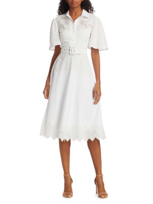NEW LELA ROSE Diamond Eyelet Short Sleeve Shirt Dress, White, 10, L