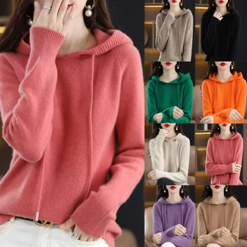 Winter Women Cashmere Sweater Casual Hoodie Pullover Hooded Knitted Tops Jumper - Picture 1 of 28