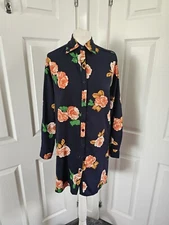 Dancing Leopard Mini Shirt Dress Floral Print Size Small Navy Blue 