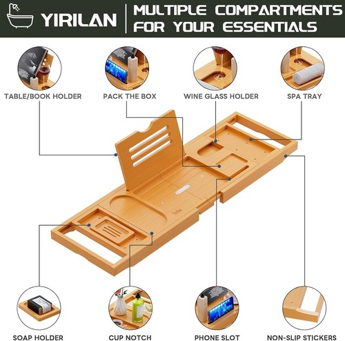Yirilan Bamboo Bath Tray, Foldable Premium bath caddy - Picture 2 of 11