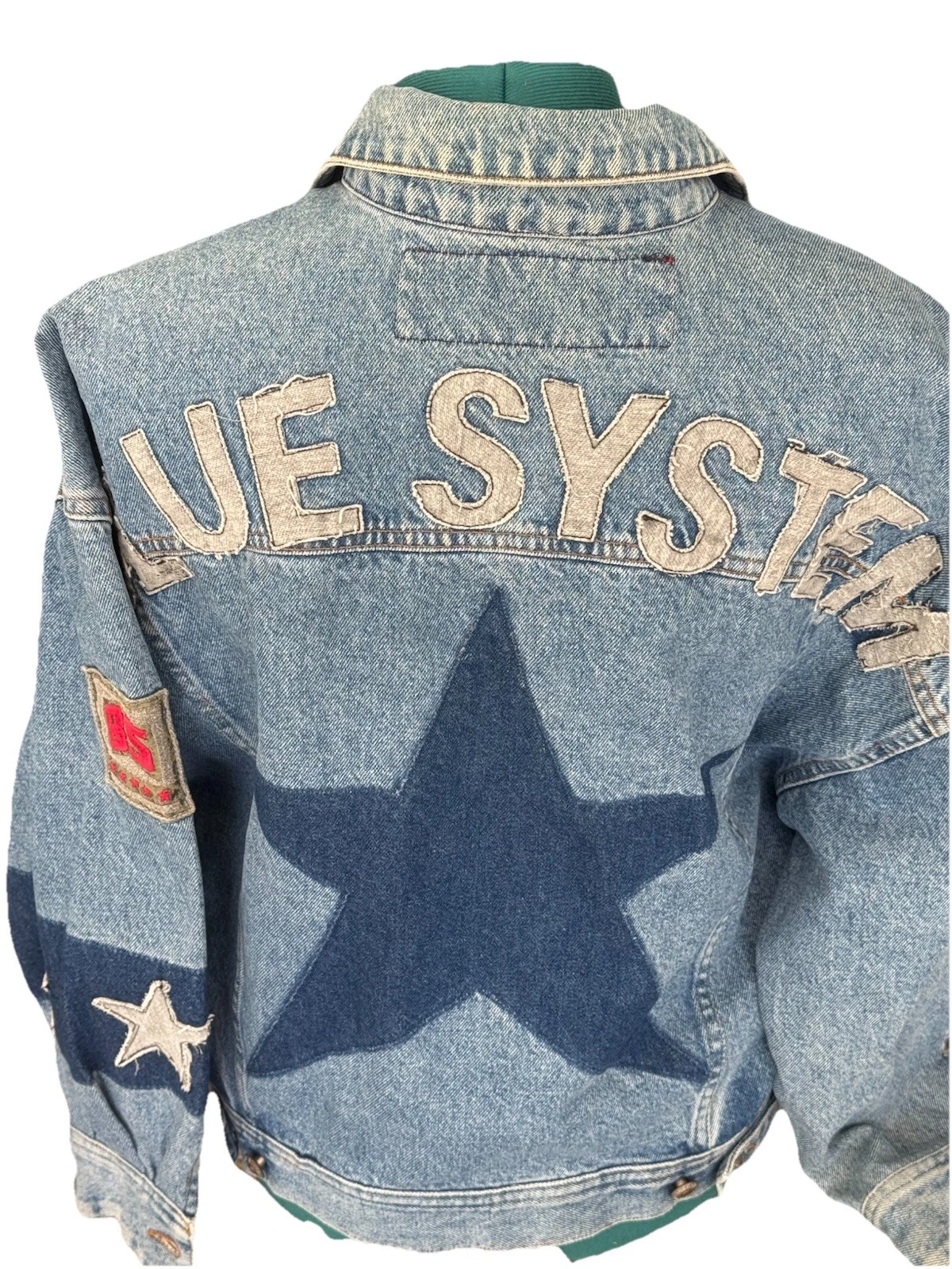 BLUE SYSTEM NWOT DENIM RACING JACKET STAR STYLE IN SLEEVES AND BACK SZ 3