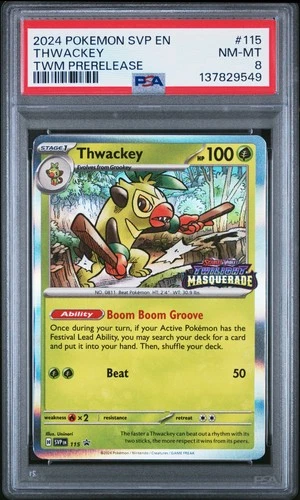 2024 POKEMON SVP TWILIGHT MASQUERADE PRERELEASE #115 THWACKEY PSA 8