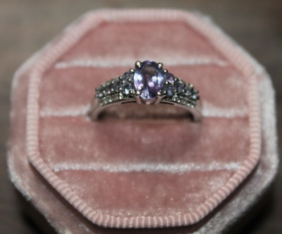 Tanzanite & Diamond oval halo solitaire 925 Silver Ring size 7 By STS Karis