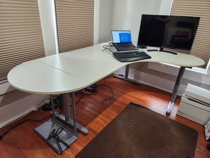 Corner Desk, L shaped, White Laminate Top on Metal Legs, 80" x 59"