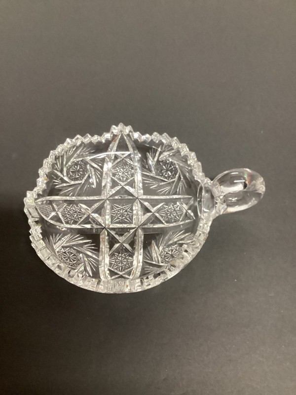 Antique 6 In ABP Cut Glass Nappy Dish Loop Handled Hobstars Cross Hatching VTG