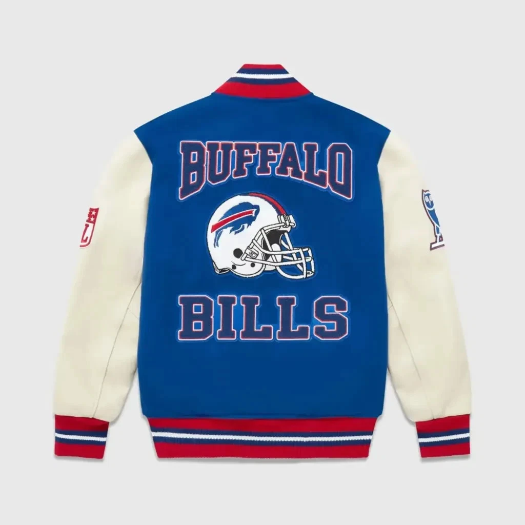 OVO Buffalo Bills Varsity Leather and Wool Baseball Jacket Blue and White Sleeves