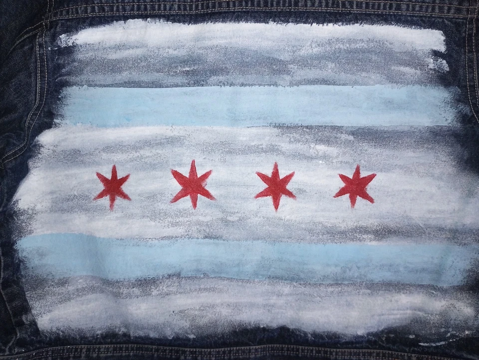 Jaqueta jeans protesto pacífico XL "Chicago" pintada à mão Rambler Supply Co feminina - Imagem 2 de 4
