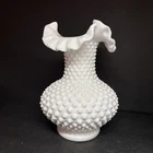 Vtg Fenton White Milk Glass Hobnail Crimped Top Vase 7.25” Stamped Cottage Core