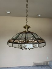 Vintage Fredrick Raymond “12 Candelabra” Brass and Stained Glass Chandelier