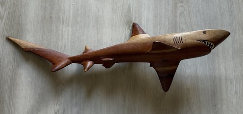 Vintage Hand-carved Wooden Shark Sculpture w/ Shark Teeth 20”