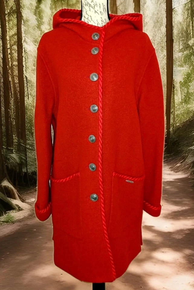 Abrigo de lana rojo brillante Geiger de colección con capucha, botones metálicos plateados, damas 38 (US 10)