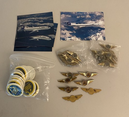 Vintage I Fly Alaska Airlines Plastic 2 3/4" Wide Wings Pin Lot + Memorabilia
