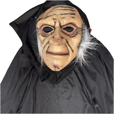 Witch SCARY Mask Cape Costume OLD LADY evil woman Open Eye Mask White Hair Hood