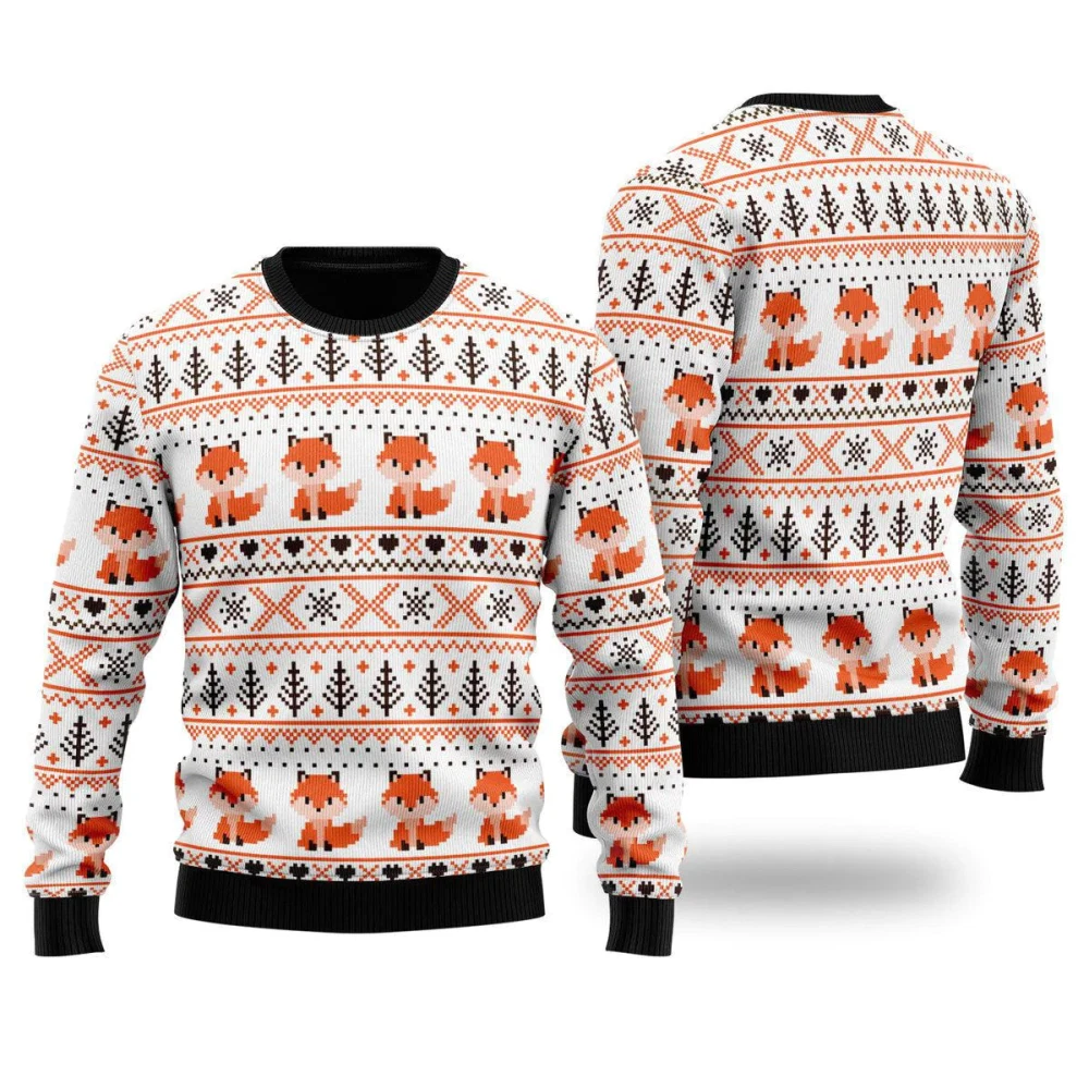 Orange Fox Xmas Pattern Ugly Christmas Sweater Lightweight Fox Animal Shirt Gift