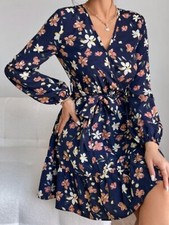 Women's Shein Long Sleeve Floral Print Belted Dress Size M