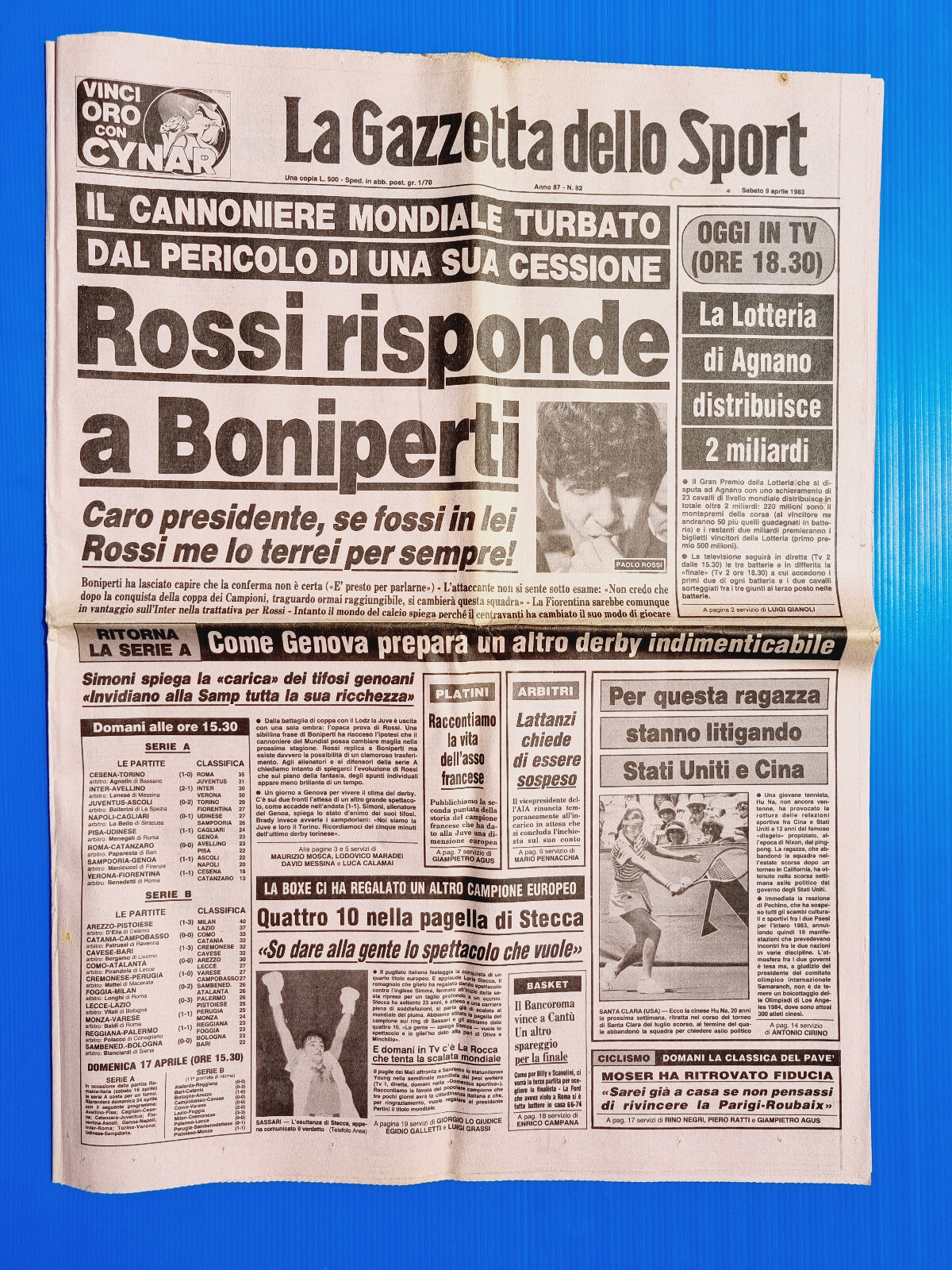Gazzetta Dello Sport – 9 Avril 1983 – Paolo Rossi, Loris Stecca, Moser, Platini