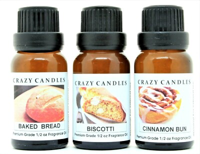 3 Oil Set, Baked Bread, Biscotti, Cinnamon Bun 1/2oz Premium Grade Crazy Candles
