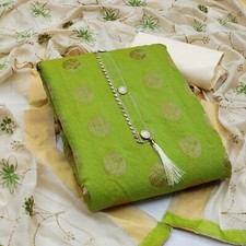 Womens Satoon Button  Woven Work Kurti salwar with Chanderi Duppta 2.10m Green