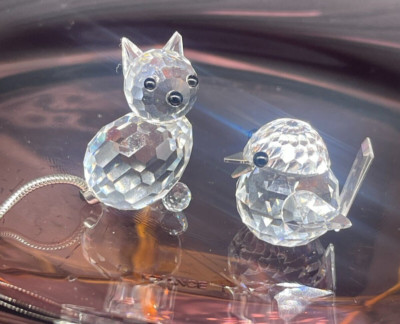 Swarovski クリスタル 猫の置物 SWAROVSKI Austrian Lead Crystal Mini Cat w/Metal Tail and Bird