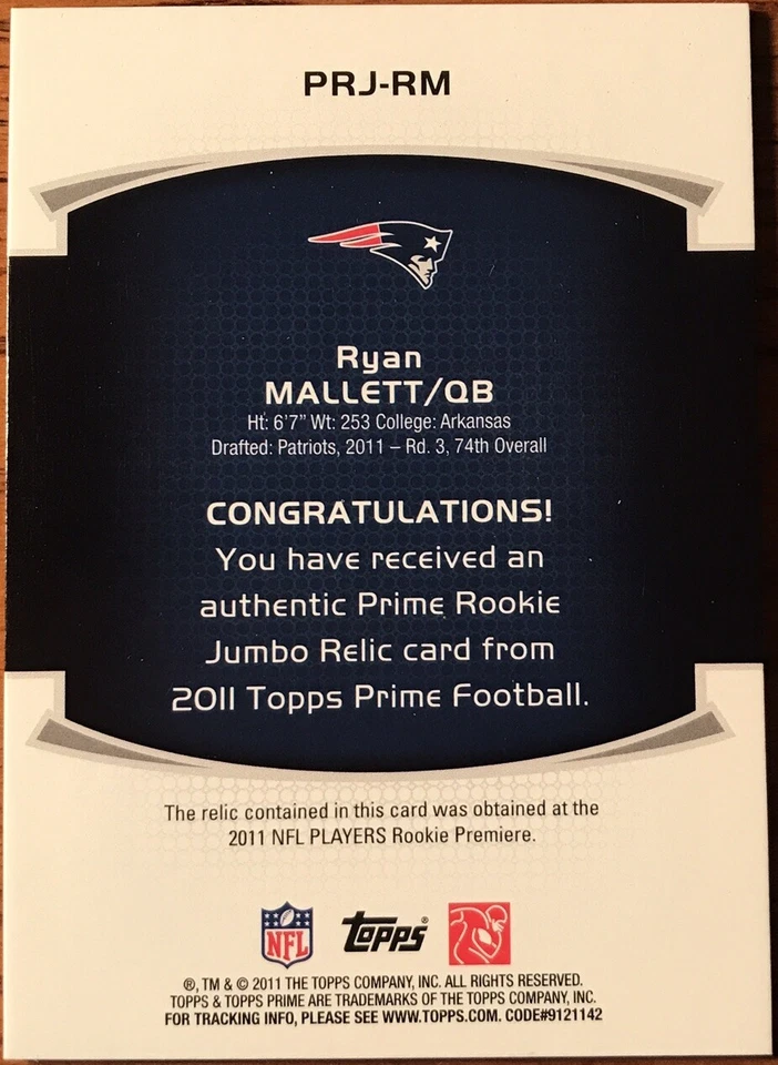2011 Topps Prime Rookie Jumbo Relics Ryan Mallett PRJ-RM #’d 110/318 - Image 2 of 4