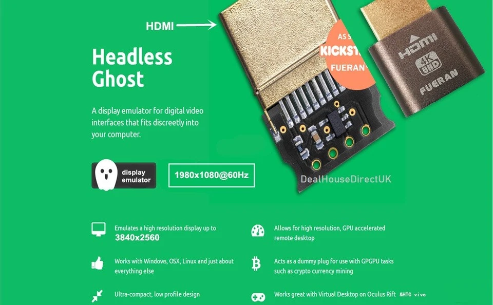 HDMI DUMMY PLUG EDID DDC HEADLESS GHOST DISPLAY EMULATOR PC / MAC MINI GOLD UK - Image 4 of 4