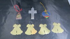 Lot of 7 Assorted Vintage metal CHRISTMAS ORNAMENTS Bells Cross