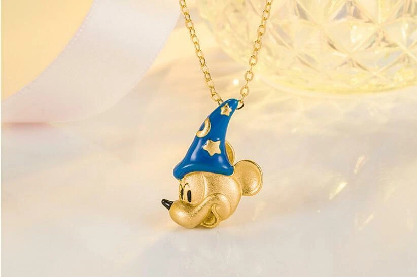 Gold 3D Blue Star Hat Disney Mickey Mouse Pendant Chain Necklace