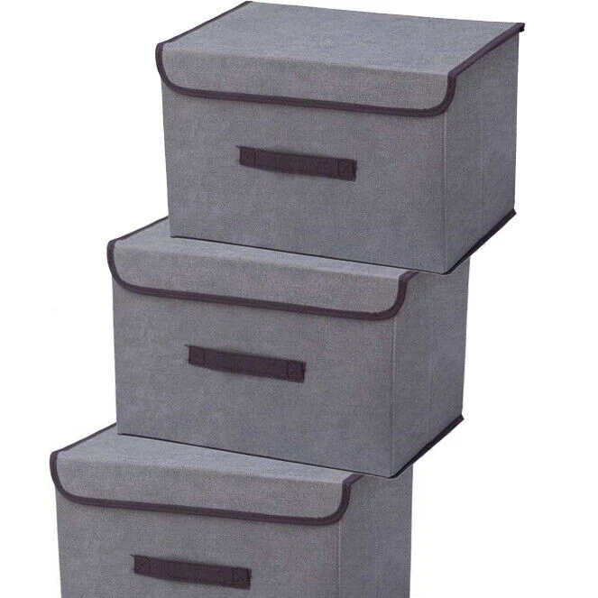 3x Foldable Storage Boxes with Lid Collapsible Home Fabric Box Clothes Organizer - Image 2 of 4