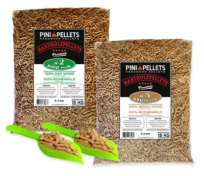 Pellets de madera dura PINI roble 15 Kg + haya 15 Kg para parrilla ahumador horno de pizza