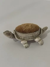 Vtg Signed Florenza Turtle Nodder Pin Cushion Gold Velvet & Rhinestone Eyes