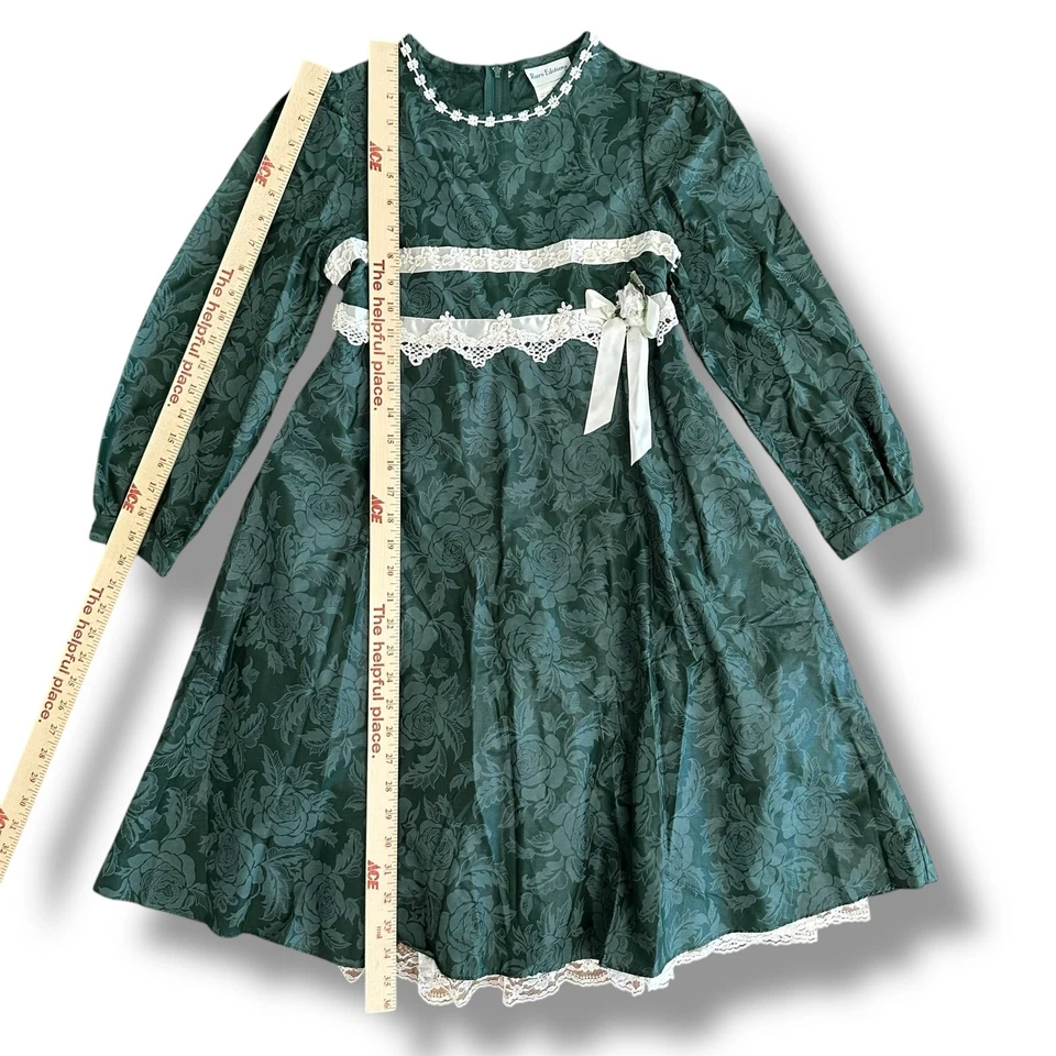 Редкие издания девочек 12 зеленый жаккард кружева платье праздник Рождество винтажный стиль - Изображение 4 из 4