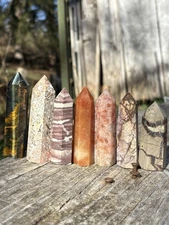 Bulk Crystal Towers Lot- Sunstone, Leopard Skin Jasper, Blue Tigers Eye & More